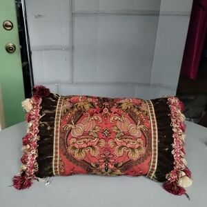 Raymond Waites Luxurious Red Green Tasseled Accent Pillow Floral Art Noveau Chic